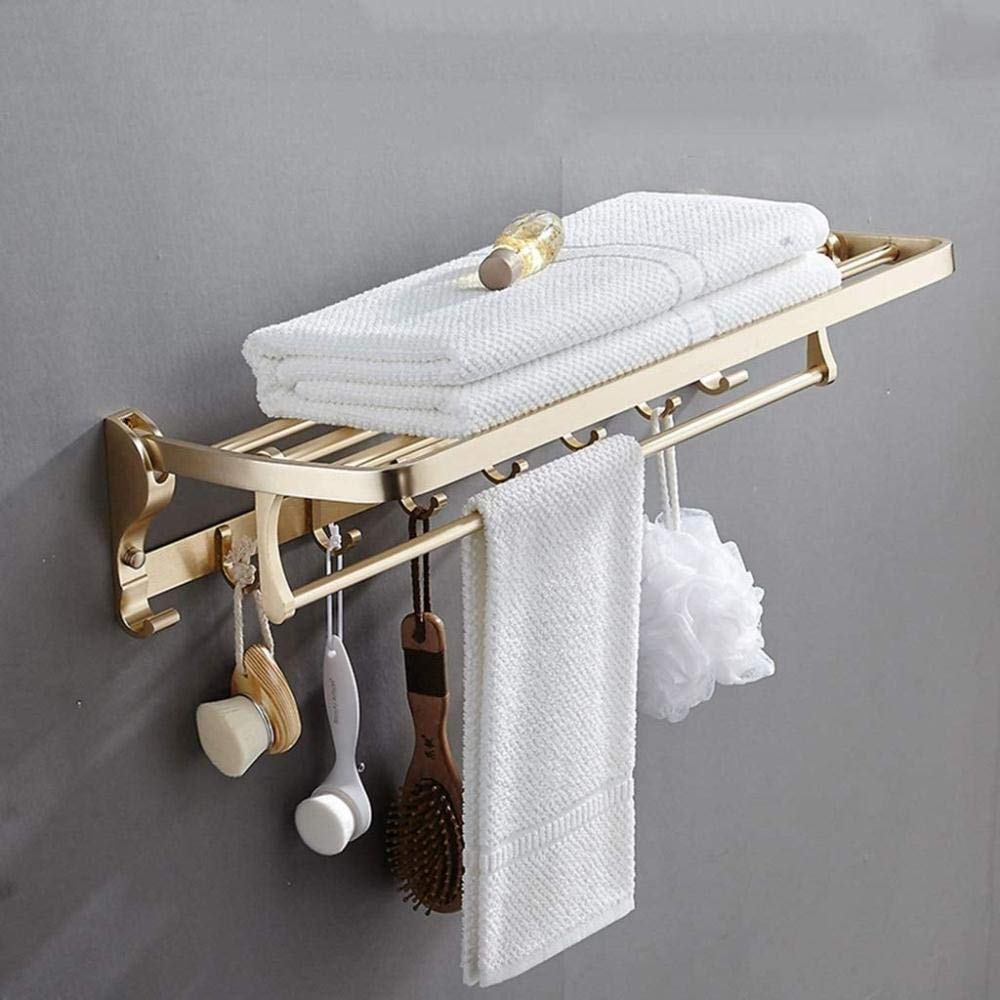 NEECS Tendedero Muebles de baño Divisor de baño Toallero Dorado Estante de baño Plegable de 90 ° Espacio Estante de Pared de Aluminio con diseño de Gancho Anillo de Mano (Color: Dorado,