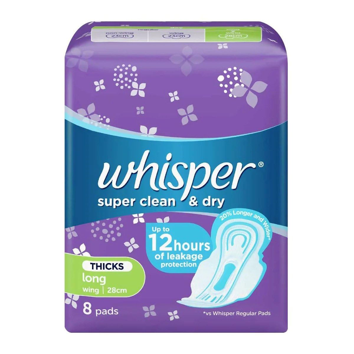 Whisper Super Clean & Dry Pads with Wings - 20% Longer and Wider - Up to 12 hours of Leakage Protection - Anti Leak Barriers - Fast Absorbing - 8 pads