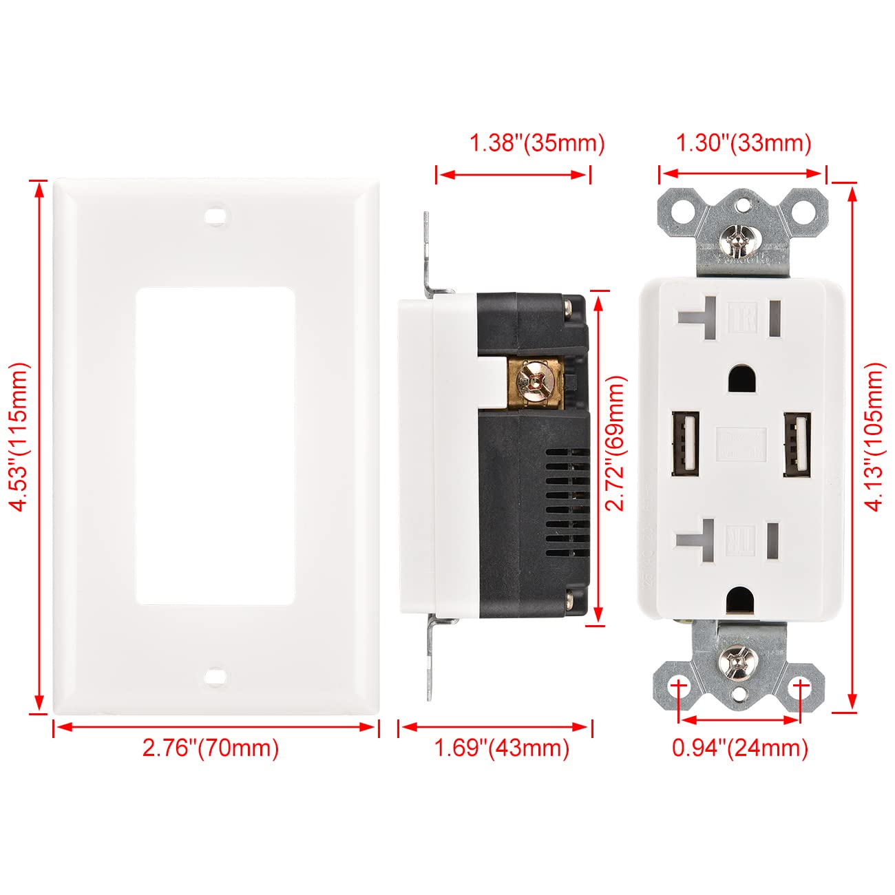 Heschen 5 PACK USB Charger Wall Outlet, 3.1A USB Ports, 20A Duplex Tamper-Resistant Receptacles Plug, Charging Power Outlet with USB Ports, Electrical USB Socket, Wall Plate Included, UL Listed, White