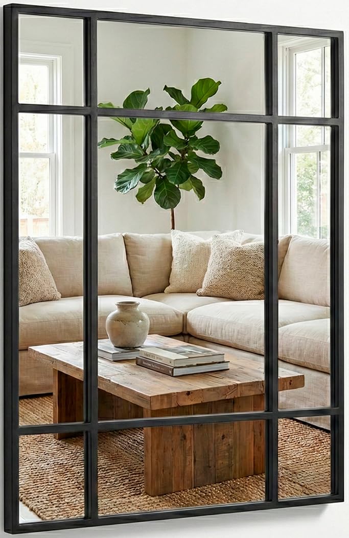 Marctani Specchio per finestra da parete 90 x 60 cm - Specchio industriale decorativo con cornice in metallo - Design rettangolare effetto finestra per ingresso, ingresso e soggiorno