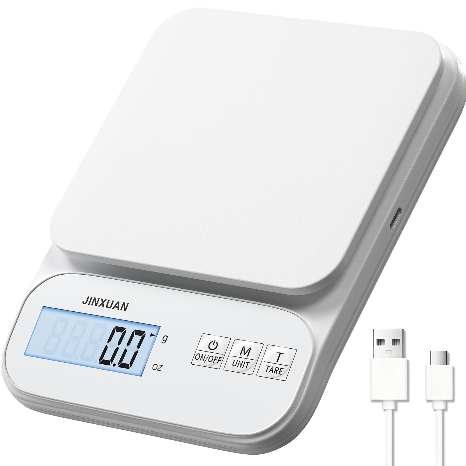 Küchenwaage, 5 kg/0,1 g, präzise wiederaufladbare digitale Waage, Gramm, Lebensmittelwaage für Küche, großes LCD-Display zum Backen, Kochen, Weiß