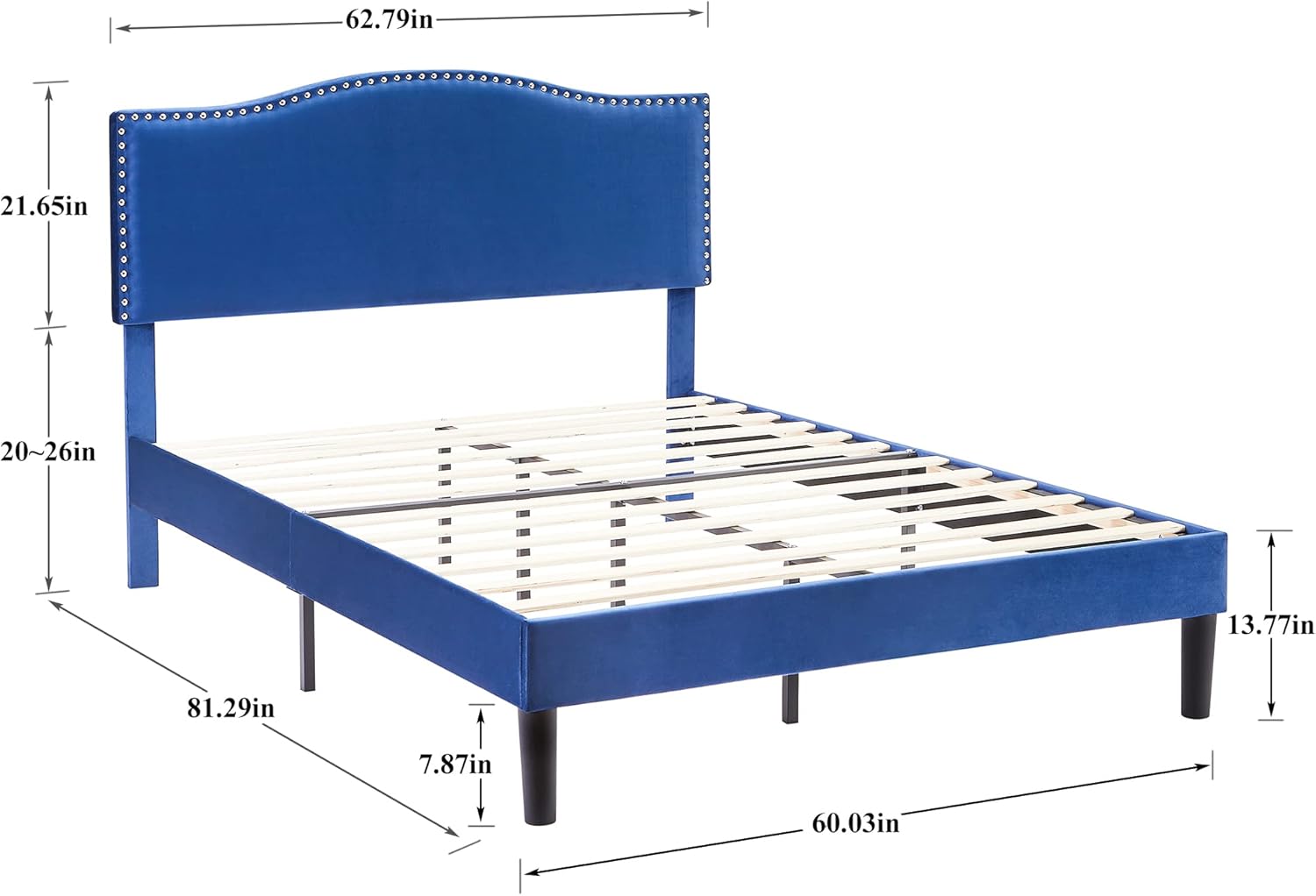 VECELO Queen Bed Frame, Platform Bed Frame with Adjustable Height Upholstered Headboard, Heavy-Duty Frames and Strong Wooden Slats Support, Non-Slip and Noise-Free, Easy Assembly, Dark Blue
