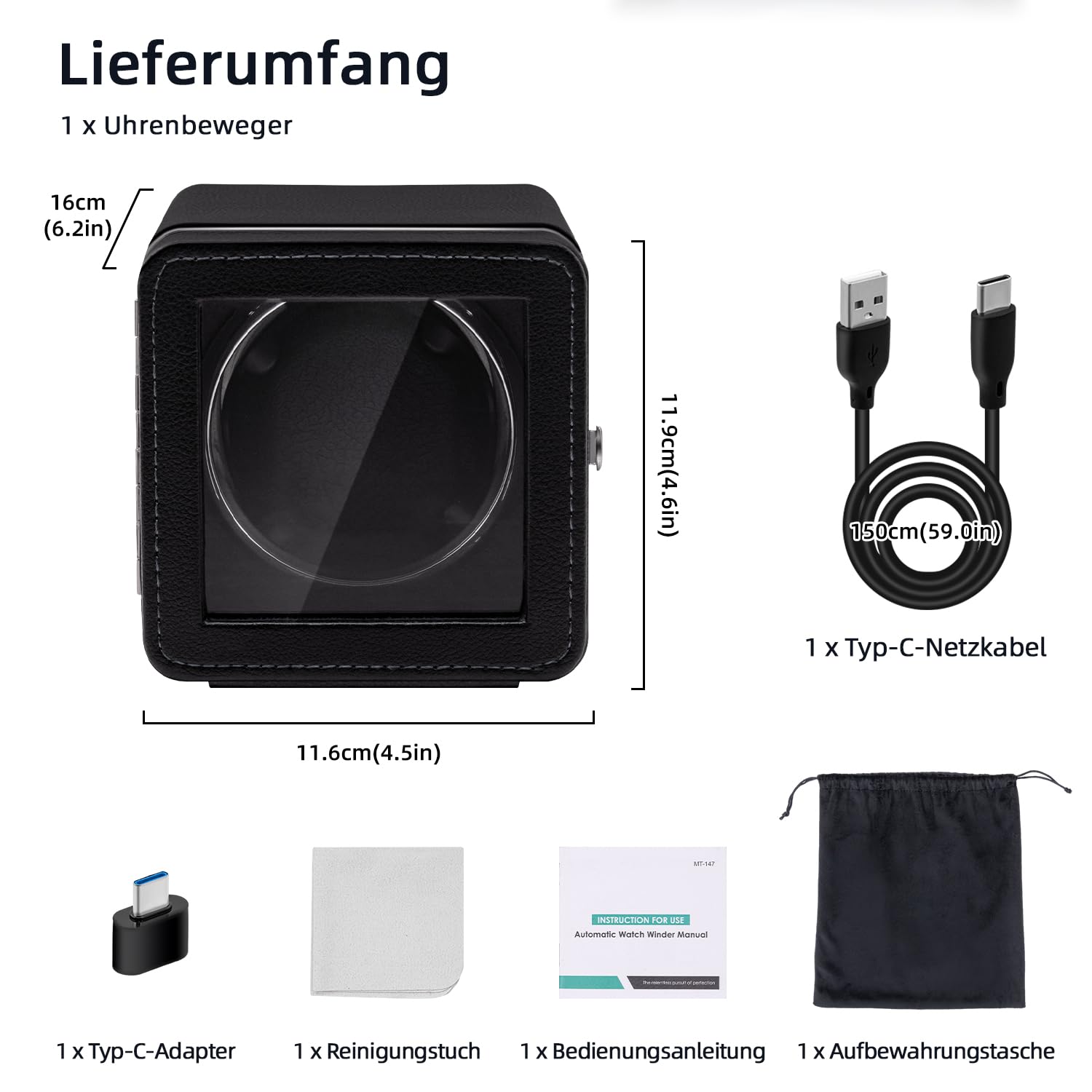 Mcbazel Automatischer Uhrenbeweger, Eleganter Automatischer Einzeluhrenbeweger Gehäuse, Leiser Motor, 4 Rotationsmodi, Uhrenbeweger Box Rechteckig, PU-Leder mit LED-Licht – Schwarz