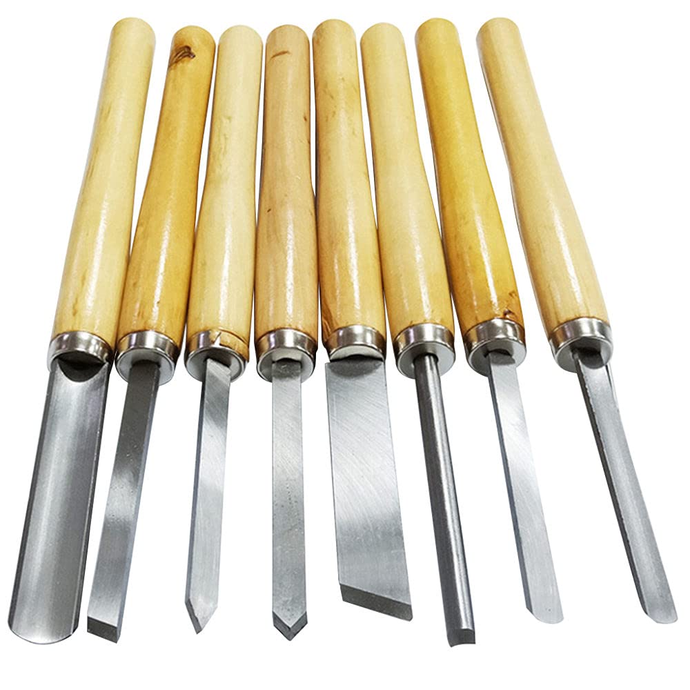Set di 8 pezzi Set di scalpelli per tornio Mandrino obliquo in acciaio ad alta velocità Sgorbia a punta tonda Utensili per tornitura in legno con lama HSS Manici in legno duro, come mostrato