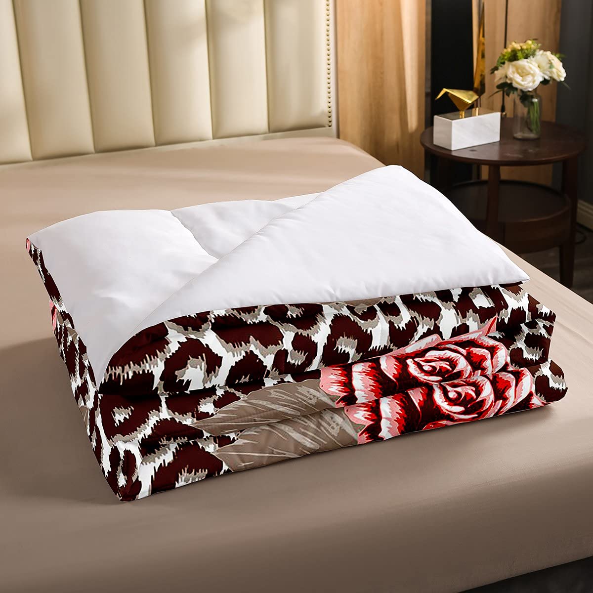 Juego de ropa de cama para niñas y niños con estampado de leopardo y rosas de flores románticas, edredón de plumón de jardín, juego de edredón de doble tamaño
