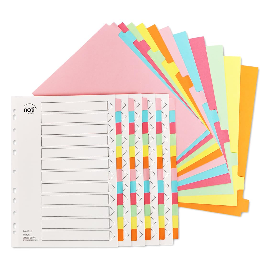 [5 Pack] Noti A4 Multi-Coloured 12 Part Manila File Dividers with Holes Reinforced Table of Content, A4 Subject Dividers