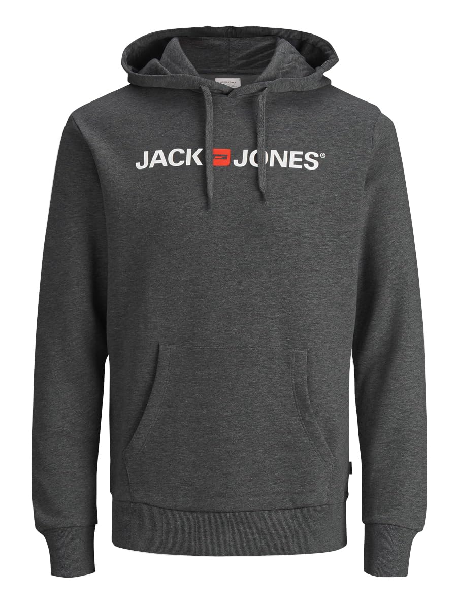 JACK & JONES Male logo hoodie, Grey (dark grey melange/reg fit - me)., XXL