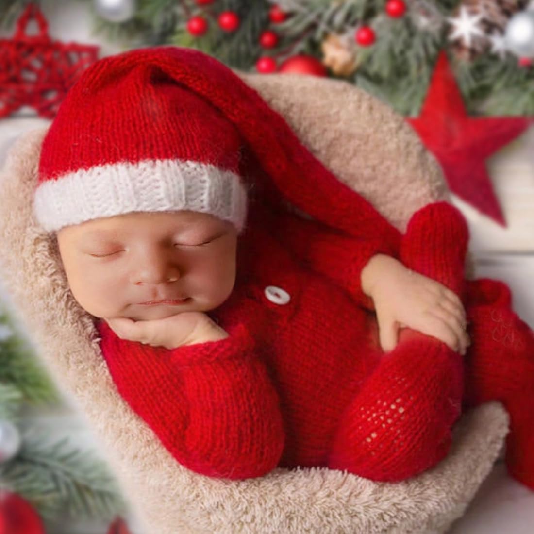 Ylsteed Christmas Newborn Girl Boy Photoshoot Outfits - Santa Claus Rompers & Hat, Crochet Knit Set