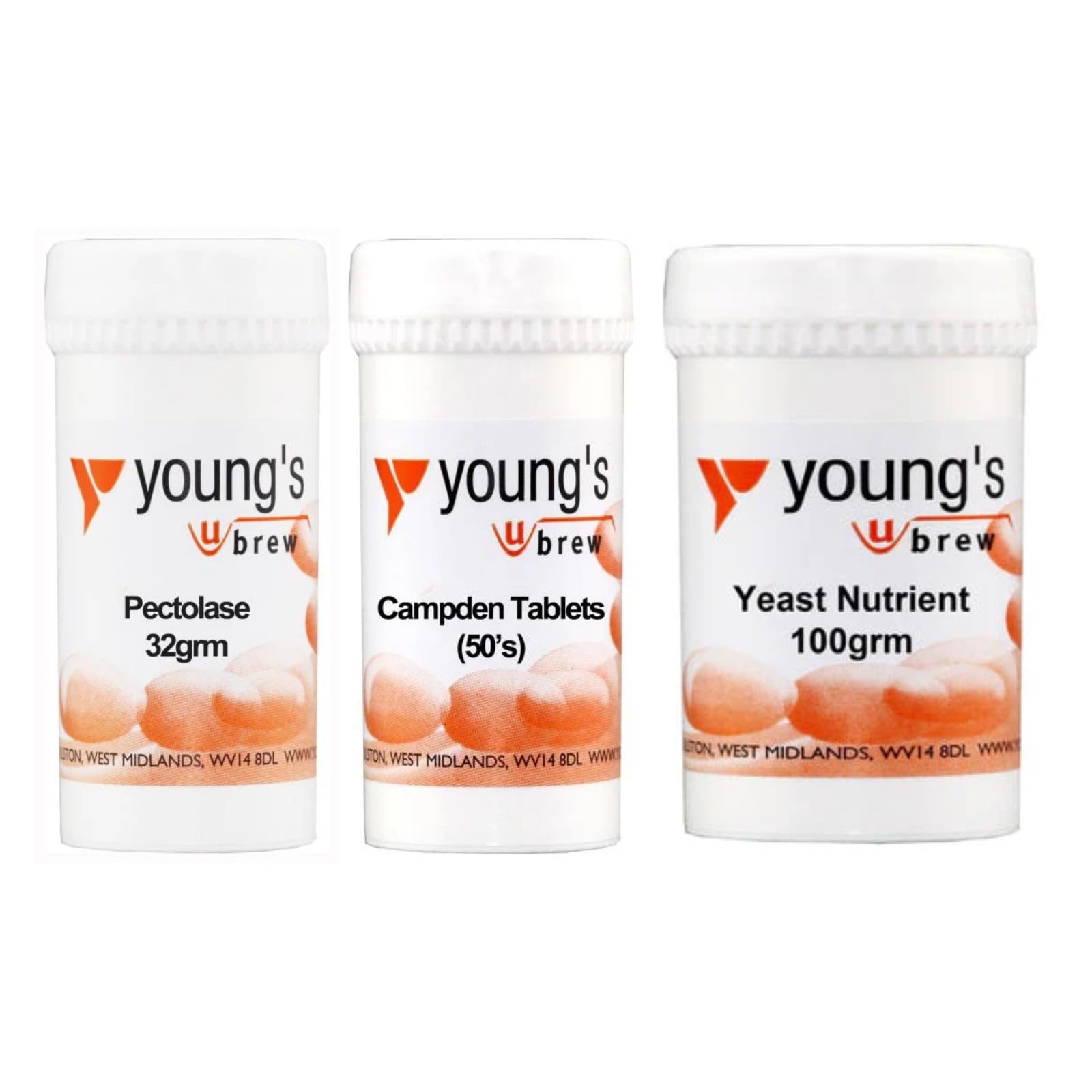 Young's Fruit Wine Bundle — Pectolase 32g, Campden Tablets 50pk & Yeast Nutrient 100g | 3-Pack for Homemade Fruit Wine by BrewVault