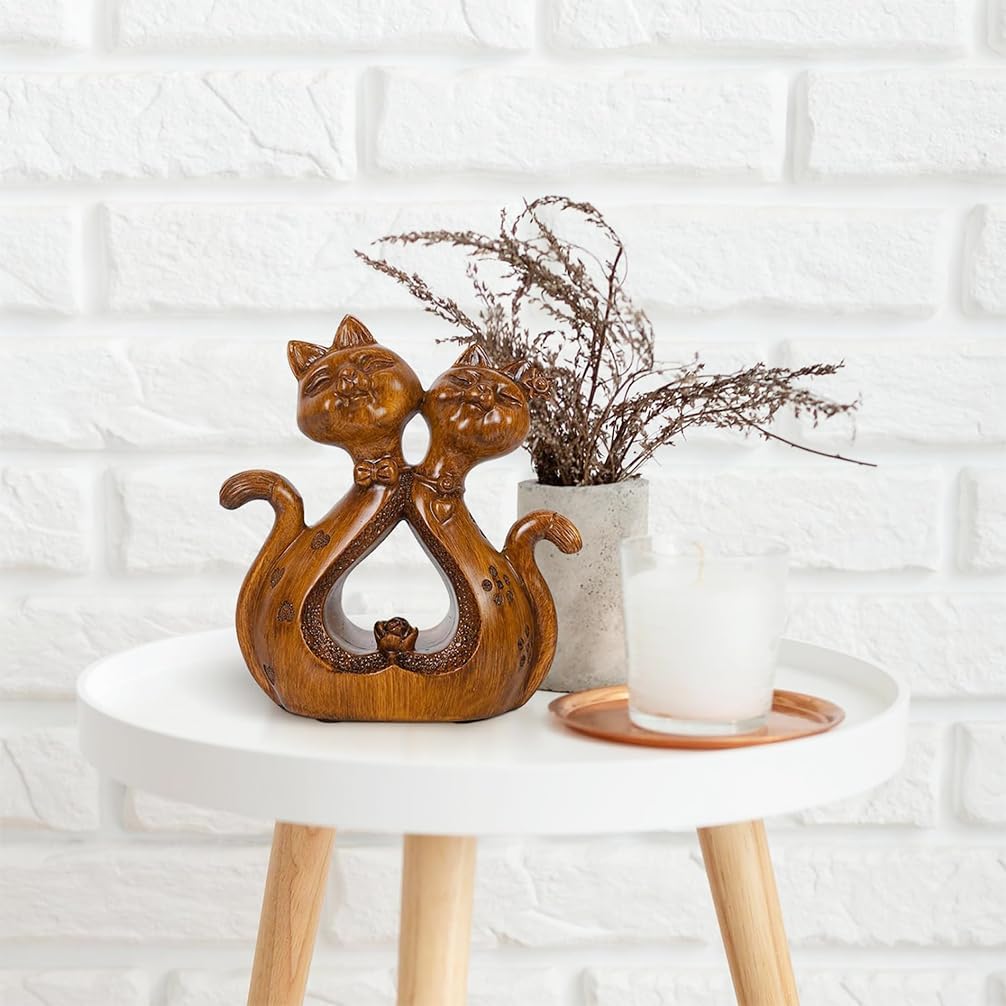 DreamsEden Romantic Couple Cat Sculpture, 5th Anniversary Wooden Resin Animal Statues Home Decor