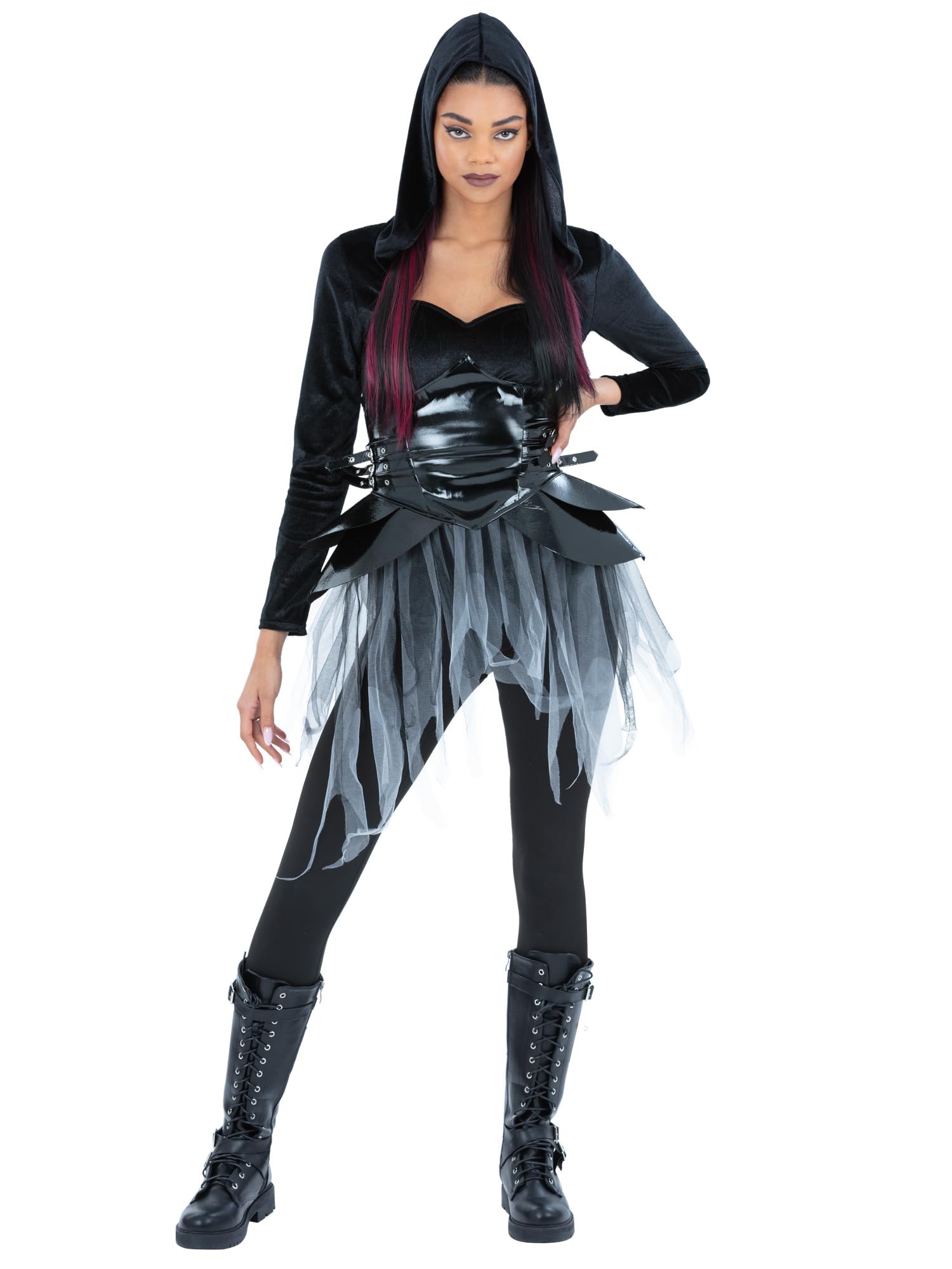 Smiffys Dark Warrior Costume for Women, Black Gothic Warrior Halloween Fancy Dress Outfit with Hooded Top, Corset Detail and Jagged Skirt for Parties and Cosplay Large
