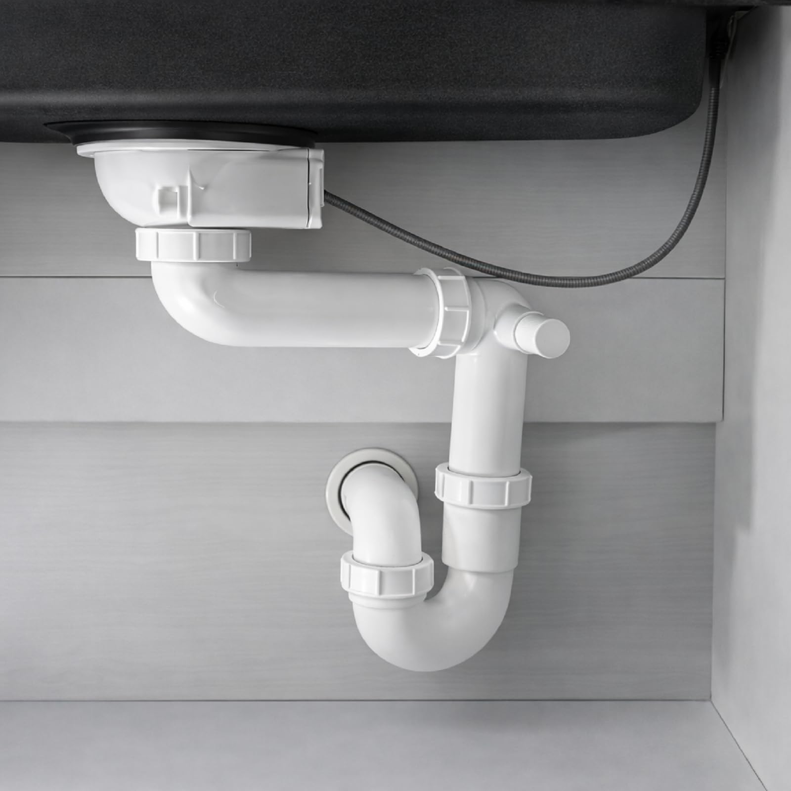 QLS Sifón automático para un fregadero 3 1/2" dorado | Diseño compacto de PVC e inox con conexión para lavavajillas o lavadora, kit de montaje y juntas