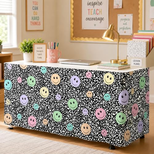 Image of 6FT Smiley Face Table Skirt Teacher Desk Skirt for Composition Notebook Classroom Decor Rectangle Tablecloth Colorful Table Cover for Back to School Party Supplies Home Dorm Office Bookcase Cabinet