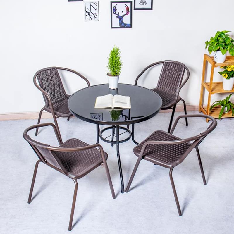 The Fellie Garden Furniture Set Outdoor Dining Table and Chairs Patio Tempered Glass Table Top with Umbrella Hole Wicker Stacking Chairs Seat(80cm Round Table+4PC Chair)