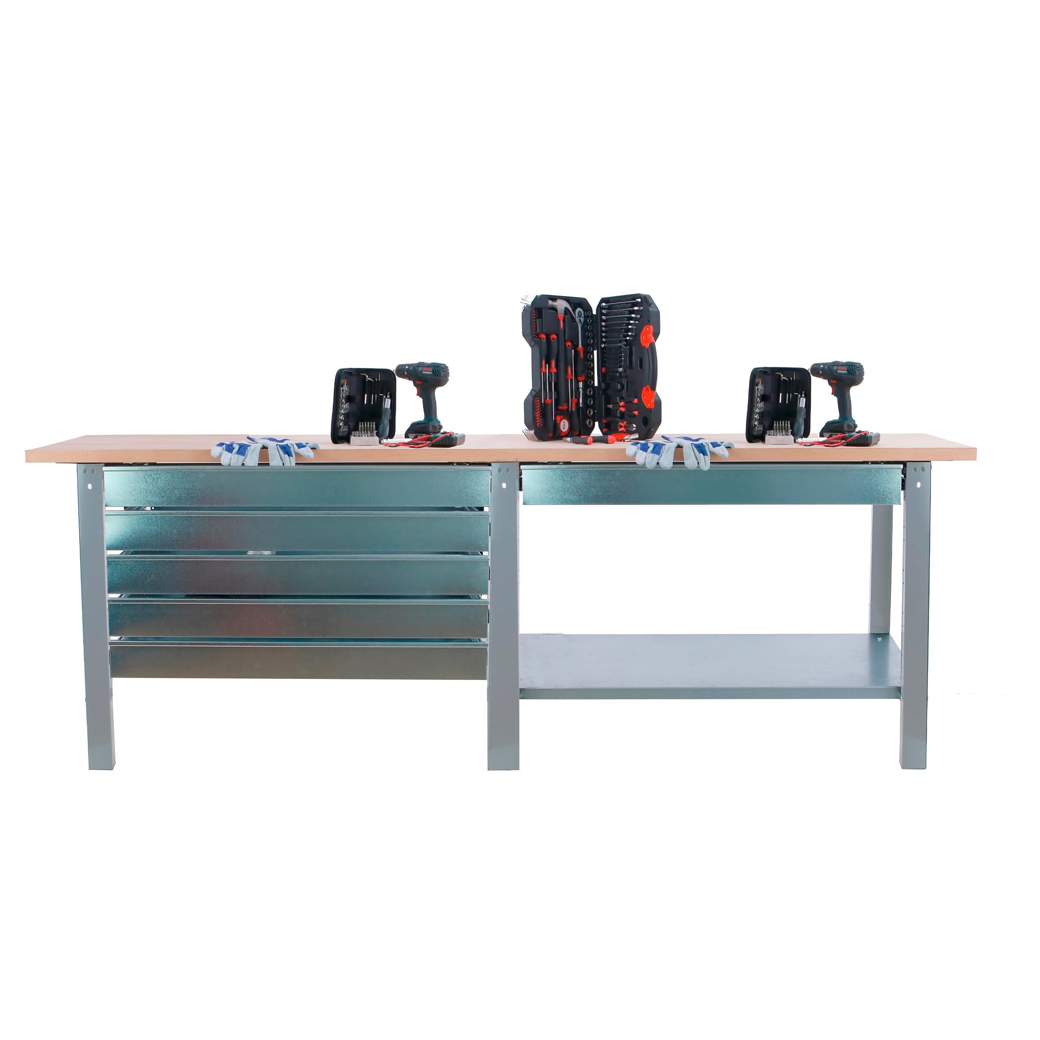 SimonRack Banco de Trabajo Taller Doble, Capacidad Carga 1000 kg, 865x2100x750 mm, 6 Cajones, Mesa de Trabajo, Gris/Haya - BT6 PRO