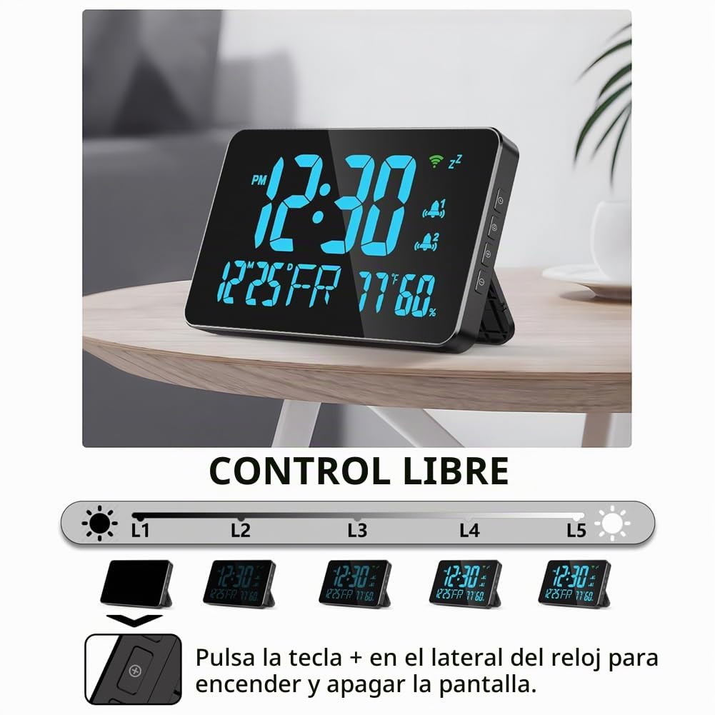 Reloj despertador Wifi con termómetro higrómetro inteligente, calendario digital, pantalla LED transparente para dormitorio cabecero (BLUE)