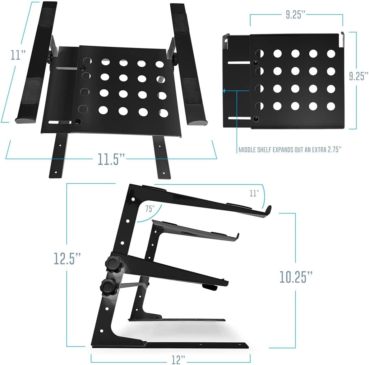 AxcessAbles Two-Tier Adjustable DJ Stand with Clamps | for DJ Controllers, Music Mixers, Laptops up to 20lbs.| DJ Controller Stand Compatible with DDJ-REV1, DDJ-FLX4 (LTS-03 Black)