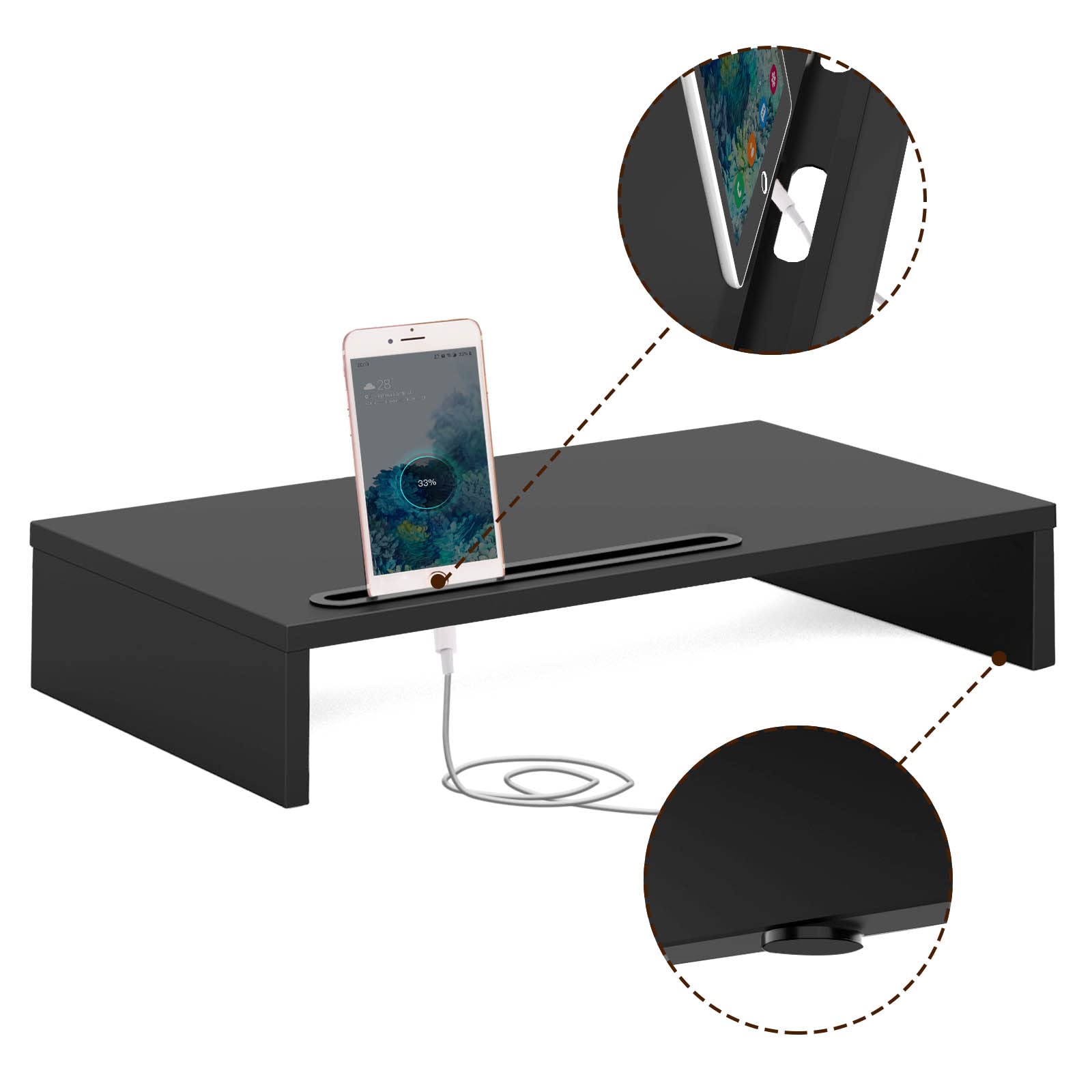 RFIVER Support Moniteur Bois 2 Niveaux – Rehausseur Écran PC Ergonomique Noir 42,5 × 23,5 × 14 Cm, Charge 30 Kg
