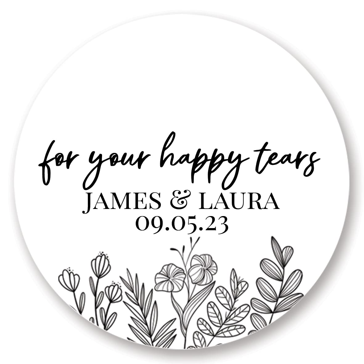Personalised Floral Happy Tears Wedding Stickers for Tissues (45mm (24 per Sheet), Happy Tears, White)
