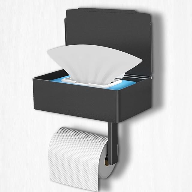 GUIGUZI Black Toilet Paper Holder, Toilet Roll Holder With Storage Box, Stainless Steel Toilet Roll Holder Wall Mounted Self Adhesive,Toilet Roll Holder With Shelf for Bathroom Washroom Toilet Kitchen
