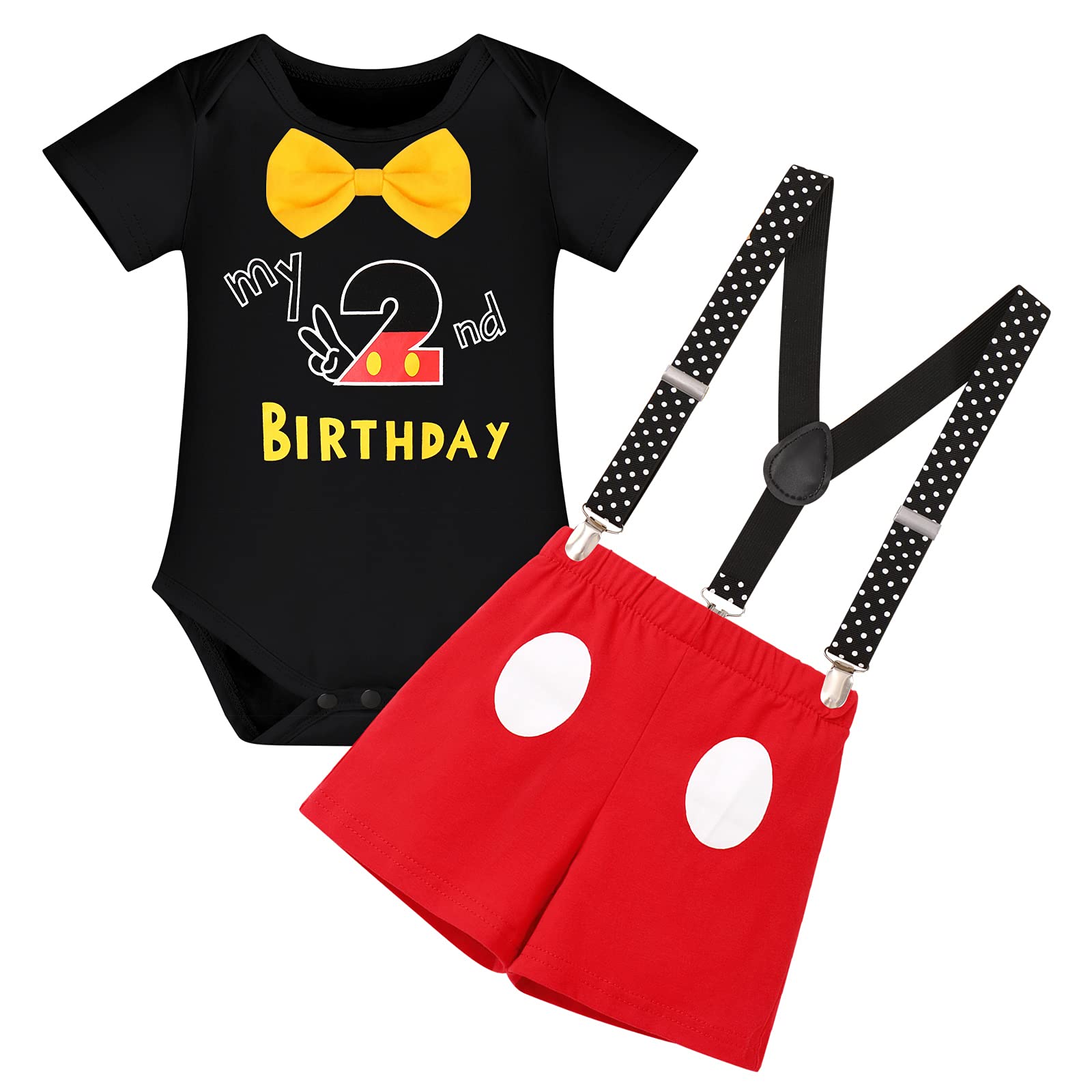 FYMNSI Conjunto de Ropa de 3 Piezas para Bebé Niños, Disfraz para Fiesta da Primer/Segundo Cumpleaños Mameluco de Manga Corta y Pantalones Cortos con Tirantes 6 Meses - 3 Años