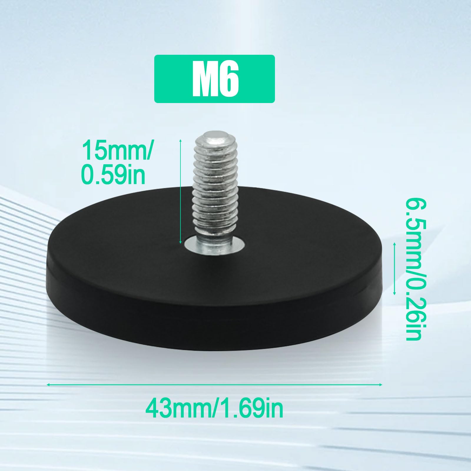 Lot de 10 aimants en néodyme caoutchoutés - Avec filetage de 43 mm de diamètre - Avec filetage extérieur M6 - Force d'adhérence : 8,5 kg - Système magnétique - Socle de montage magnétique pour barres