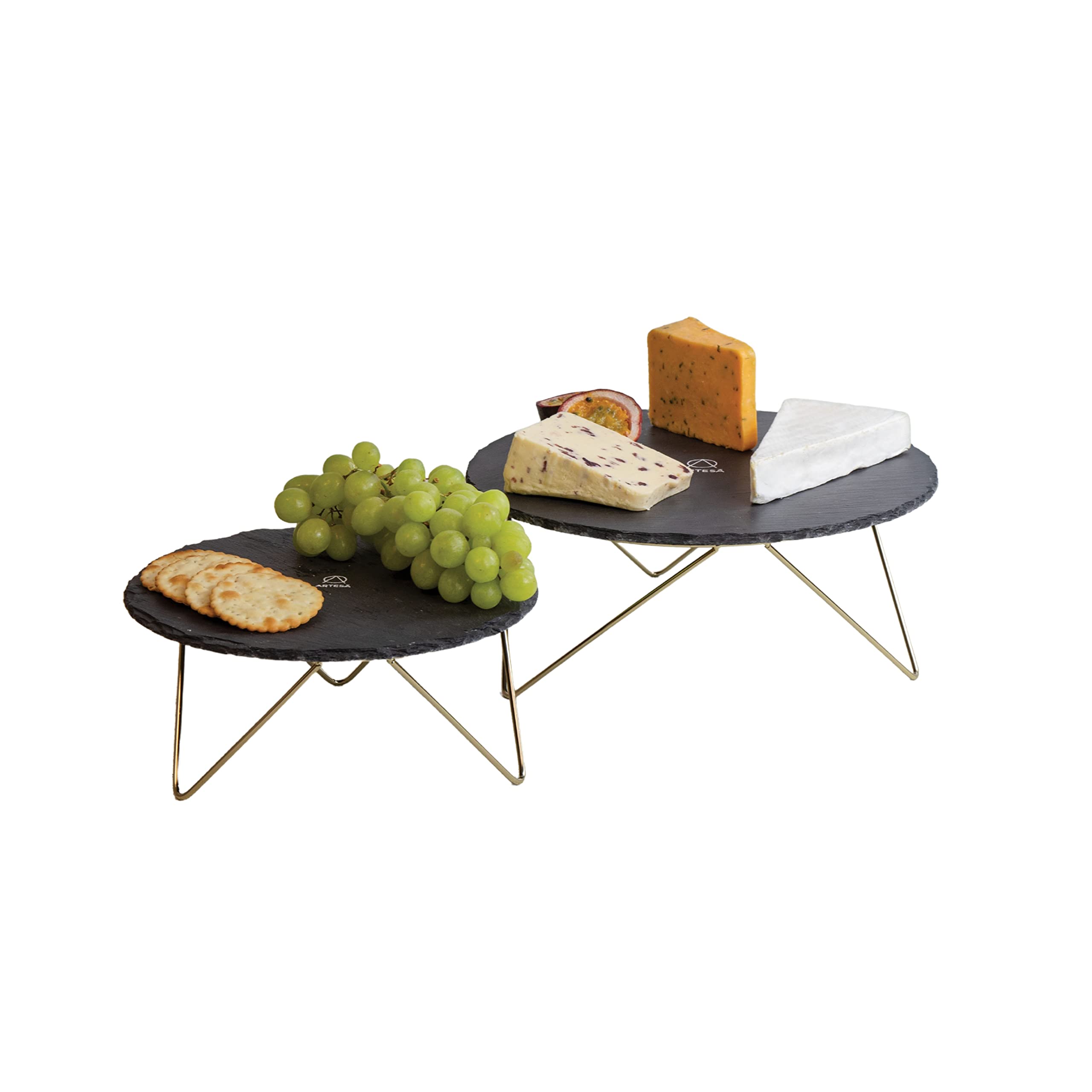 Artesà Alzatina / Piatto da portata a 2 Livelli con Piatti Rotondi in Ardesia e Piedini in Metallo, Adatto a Tè Pomeridiani, Formaggi, Salumi e Dolci, 30.5x30.5x24 cm