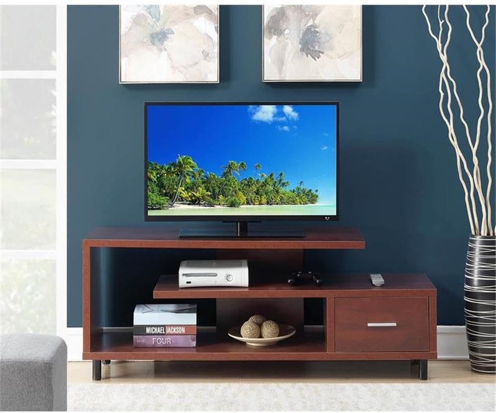Pemberly Row Contemporary Asymmetrical 60" TV Stand Entertainment Console with Storage Drawer in Cherry Finish