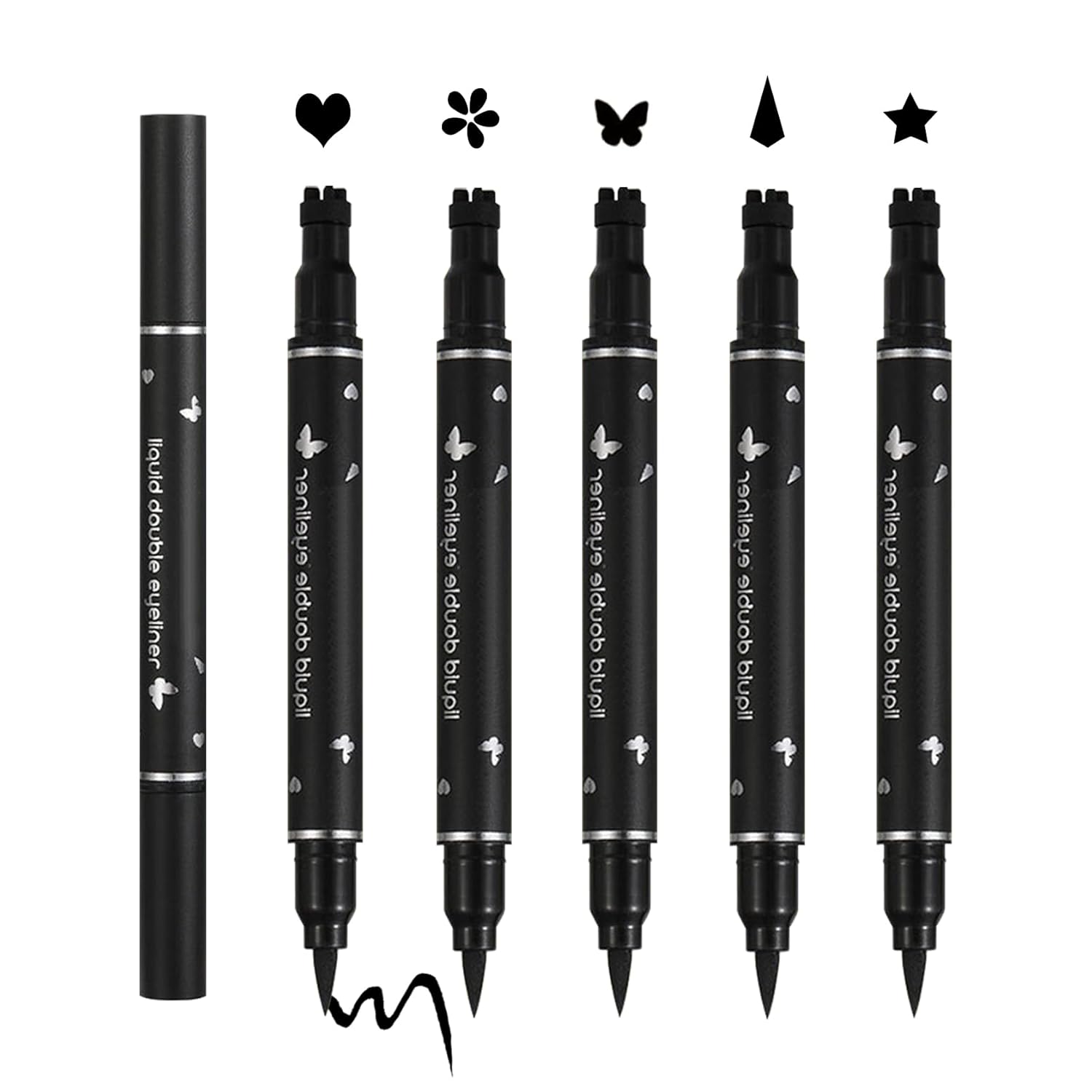 5PCS Liquid Winged Eyeliner Stamp Pen Set – Double-headed Black Eye Liner Pencil – Long-lasting Waterproof Stamp Eyeliner Set for Eye Makeup – Star, Heart, Flower, Butterfly, Triangle 5PCS Liquid Winged Eyeliner Stamp Pen Set – Double-headed Black Eye Liner Pencil – Long-lasting Waterproof Stamp Eyeliner Set for Eye Makeup – Star, Heart, Flower, Butterfly, Triangle