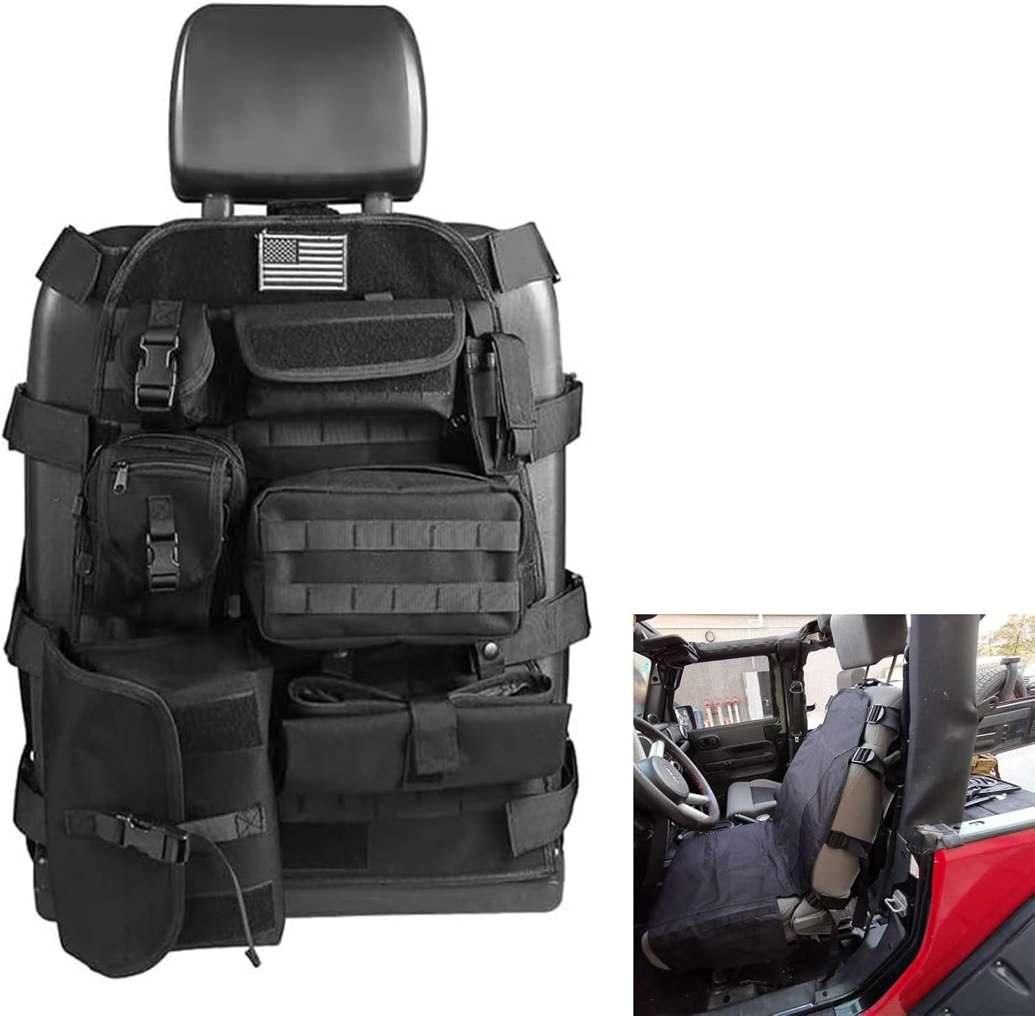 SUNPIE Black Upgrade Larger Seat Protector Tactical Seat Cover Universal Fit for Trucks Pickup SUV, Compatible with JL/JT, JK, TJ, Compatible with F150 Multi Pockets Molle Seat Back Organizer