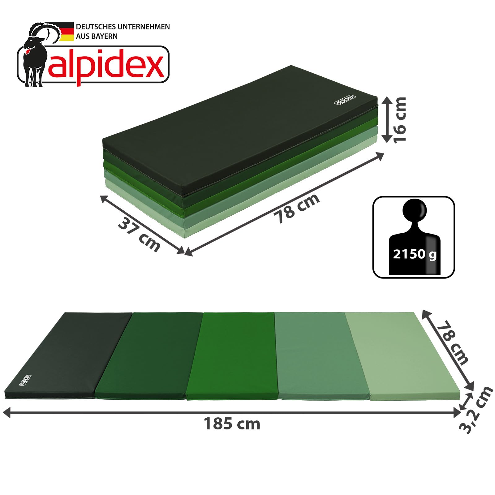 ALPIDEX Turnmatte klappbare Weichbodenmatte 185 x 78 x 3,2 cm Gymnastikmatte Sportmatte für zu Hause Kinder Erwachsene