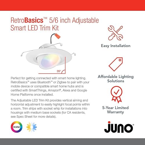 Miniatura 2 de Juno RB56AC RGBW MW M6 RetroBasic Connect - Lámpara LED ajustable, color dinámico rojo, verde, azul, blanco, incluye adaptador de enchufe E26,