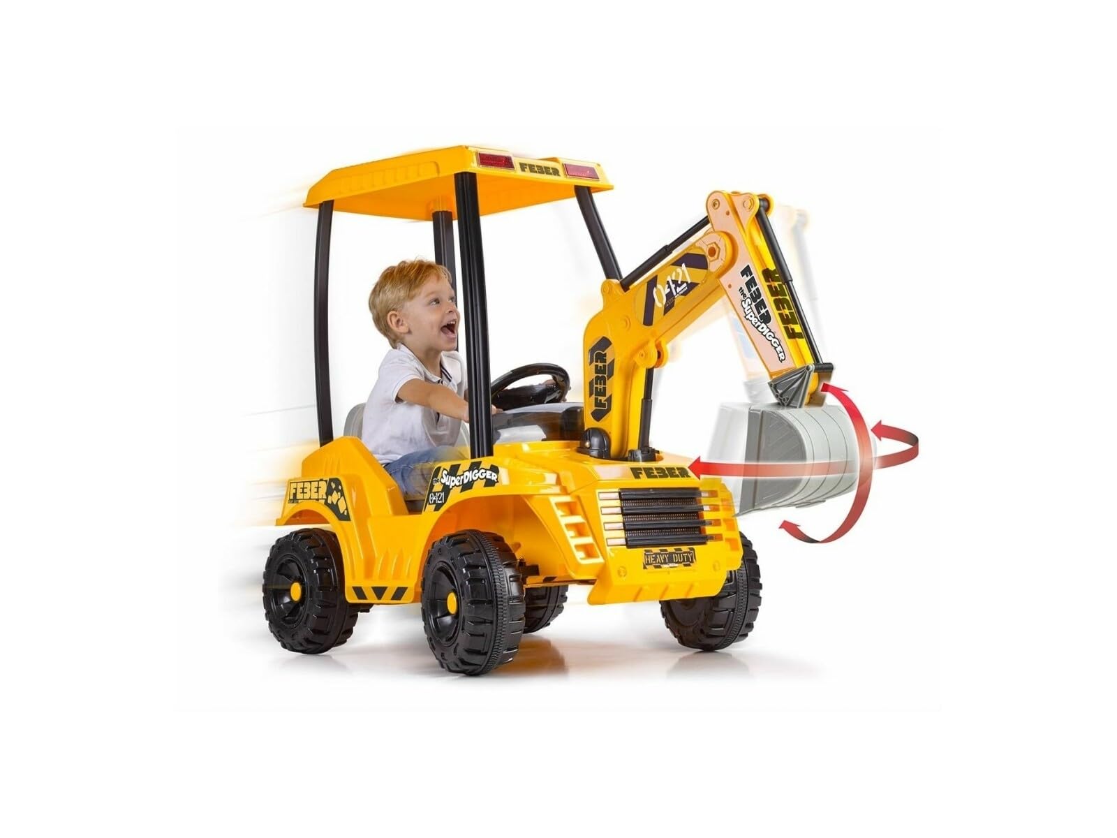 FEBER Super Digger, 12 V bateria koparka z ładowarką, realistyczne szczegóły, 3 dźwignie zmieniają kierunek łopaty, dzieci 3 lata+, obsługiwana waga 30 kg, słynna (FEB17000)