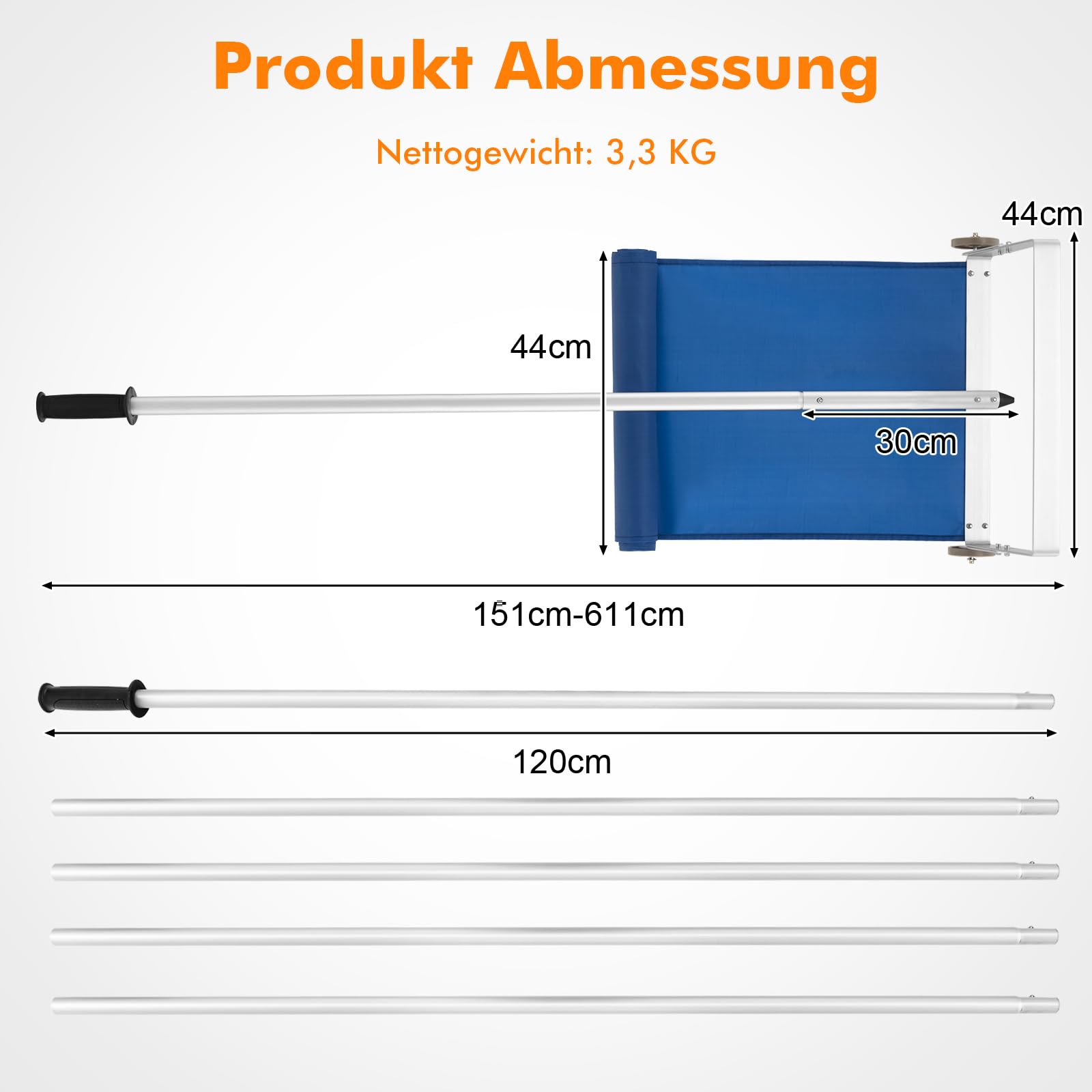COSTWAY Schneeräumer mit Rollen für Dach, Dachschneeräumer mit Teleskopstiel, rutschfestem Griff, Dachräumer, Schneeschaufel, Schneeschieber aus Aluminium, Einstellbereich 151-611 cm