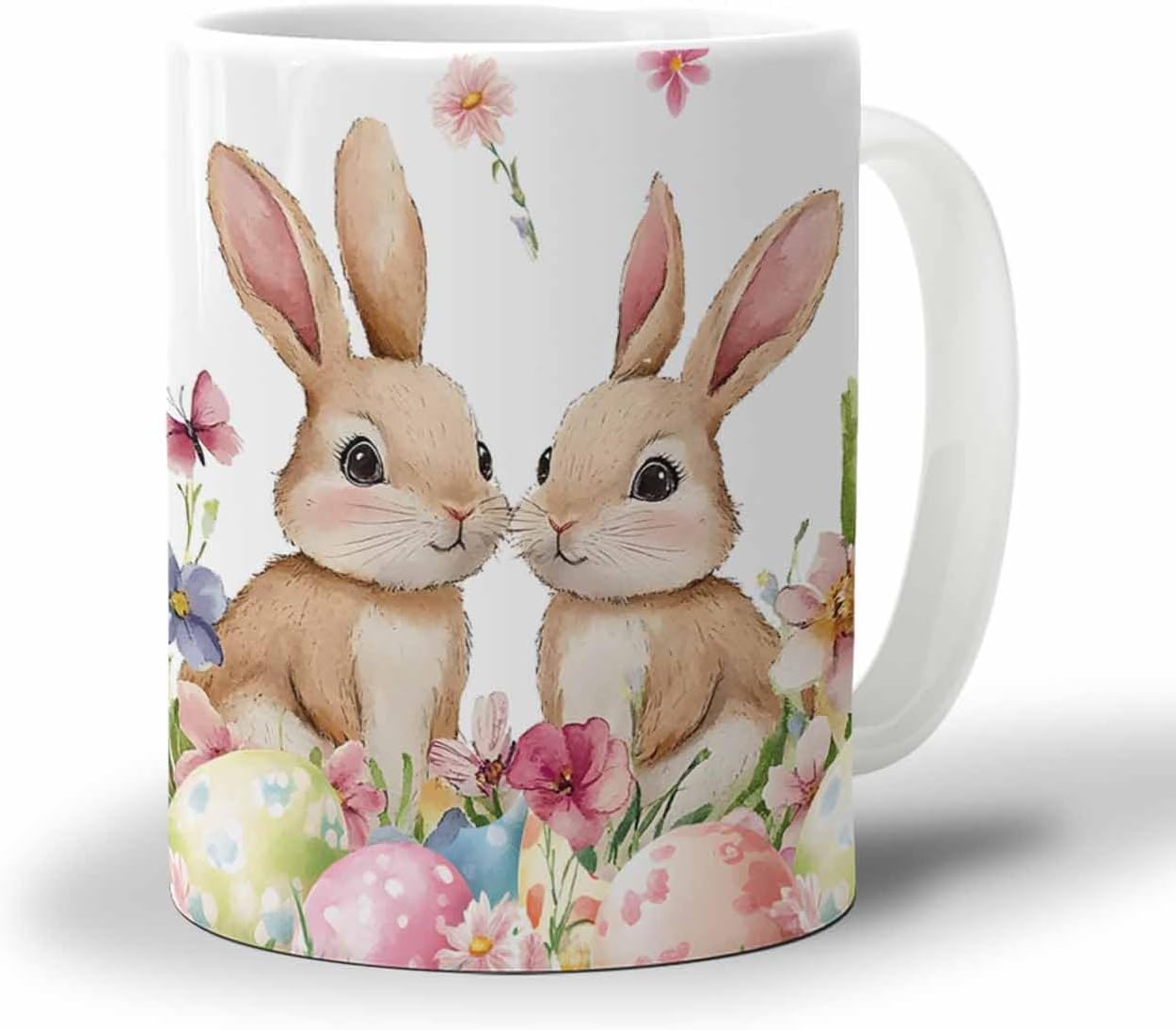 BEMIGO Ceramic Coffee Mug Watercolor Easter Egg Ceramic Mug White Cup, Spring Flowers Bunny Insulated Coffee Cup with Handle with Pattern Perfect for Tea and Hot Beverages, 12oz