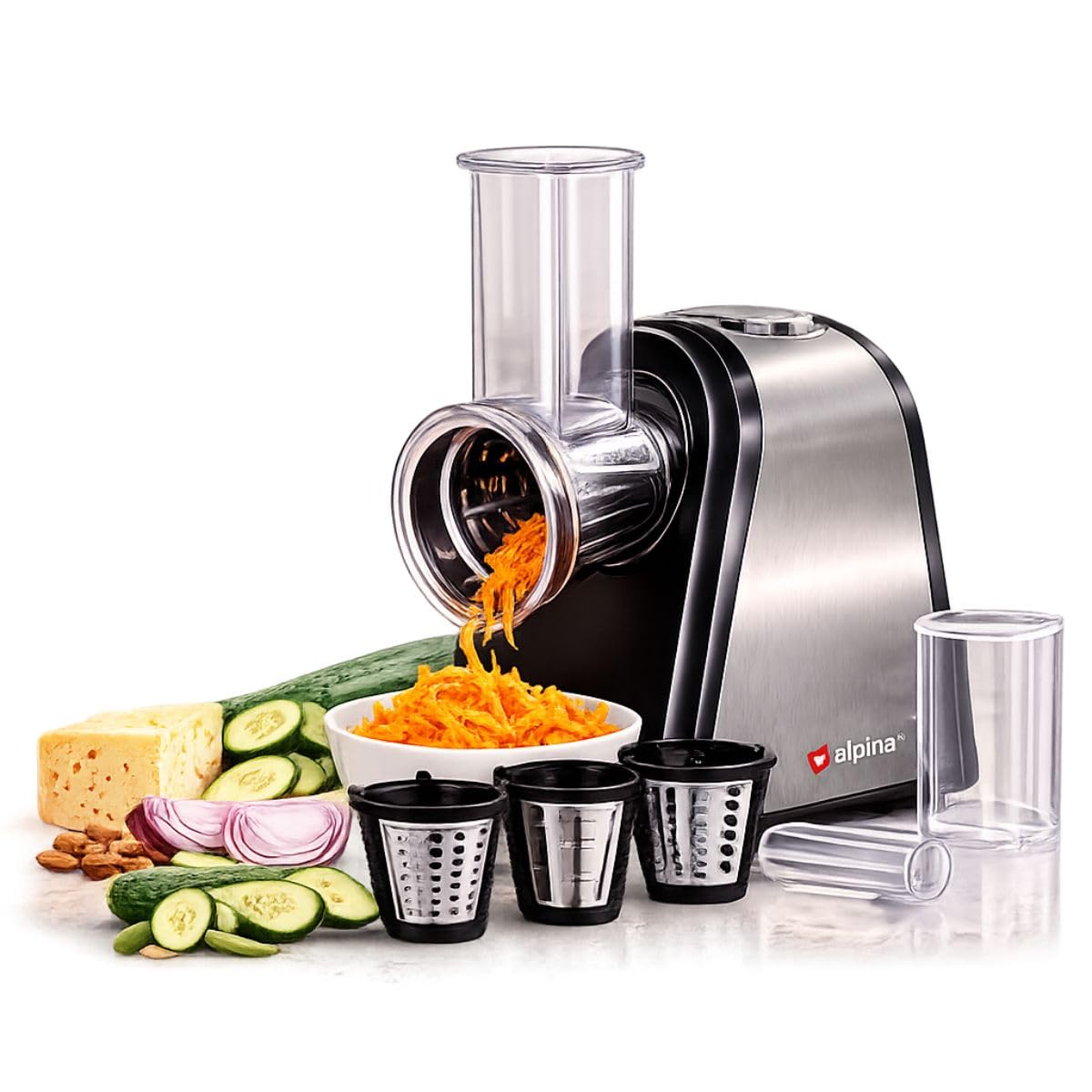 alpina Mandoline Cuisine Électrique - Coupe Legumes Multifonctions - Hachoir Électrique en Acier Inoxydable - Mandoline Coupe-Légumes - Coupe Legume - Hachoir à légumes, Argenté.