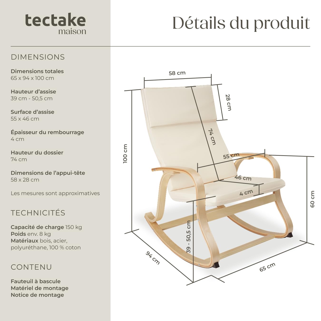 tectake® Fauteuil à Bascule avec Accoudoirs Rocking Chair Fauteuil Relax rembourée Cadre en Bois Fauteuil Salon Veranda, Chaise Ergonomique idéal Détente, Fauteuil Allaitement