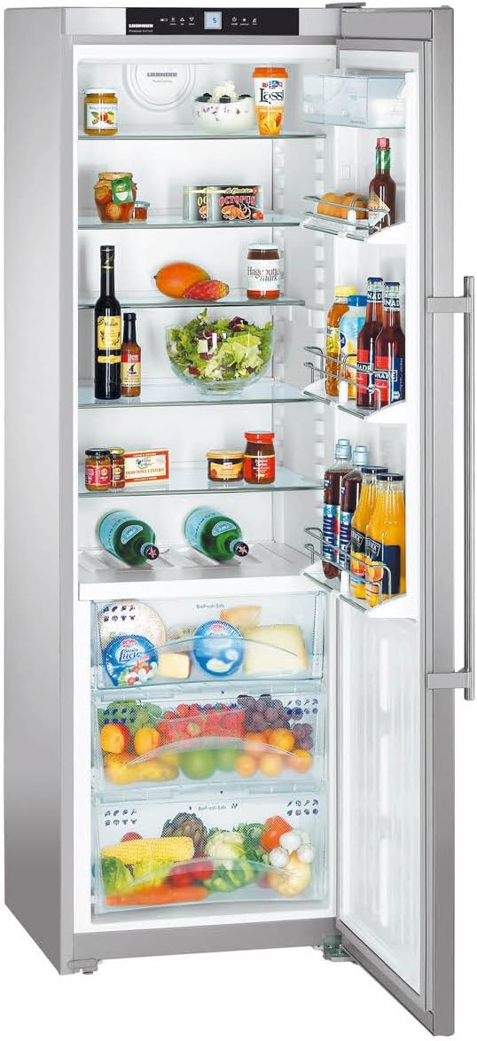 Liebherr SKBes 4210-24 Refrigerator with door open, showing organized food items on shelves and in drawers.