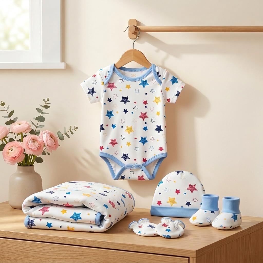 TINYLANE - Curated For You! Newborn Baby Gift Set, 100% Cotton, Star Print, 0-6 Months, Bodysuit with Cap, Mittens and Double Layer Blanket-picture-31