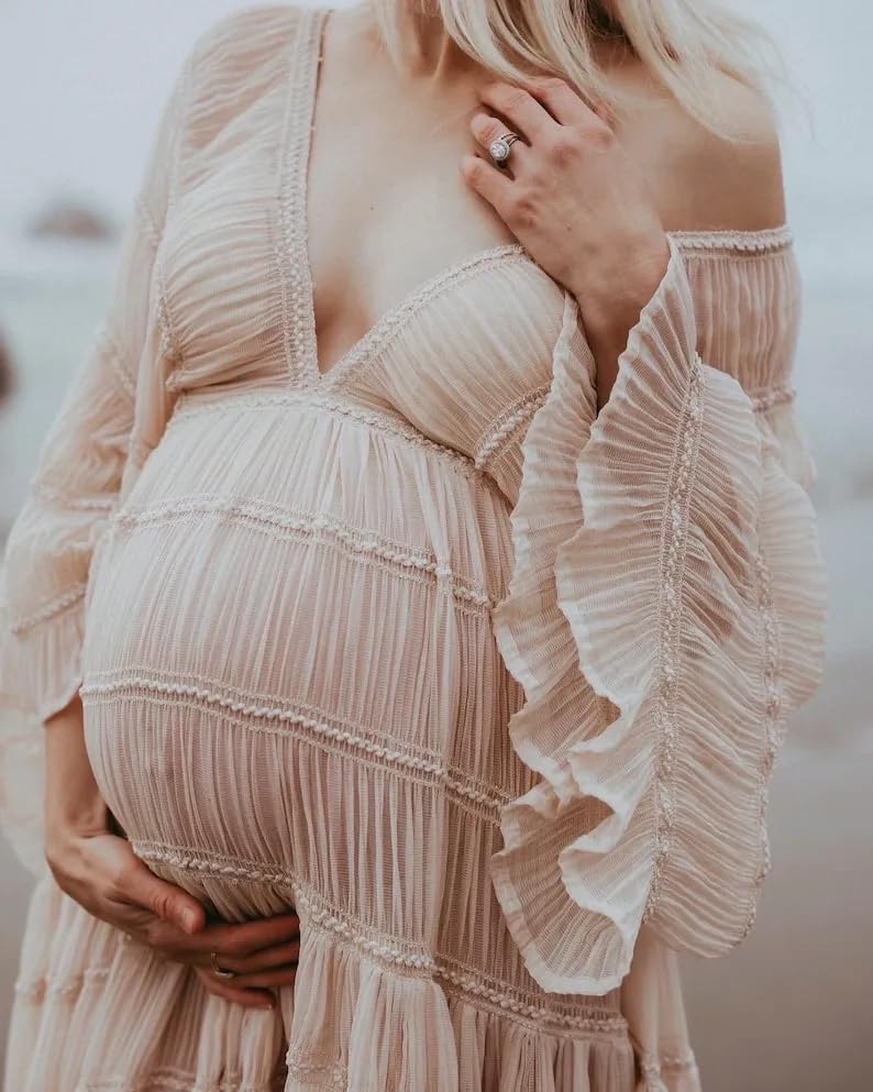 Boho Maternity Dresses for Photoshoot Tulle Robes Long Sleeve Off Shoulder Pregnancy Baby Shower Dress Bridal Lingerie2