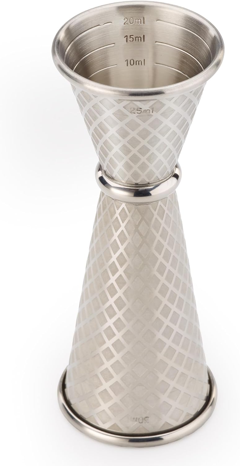 Barfly 25 ml x 50 ml Diamond Lattice Etch Japanese Style Jigger, Stainless Steel
