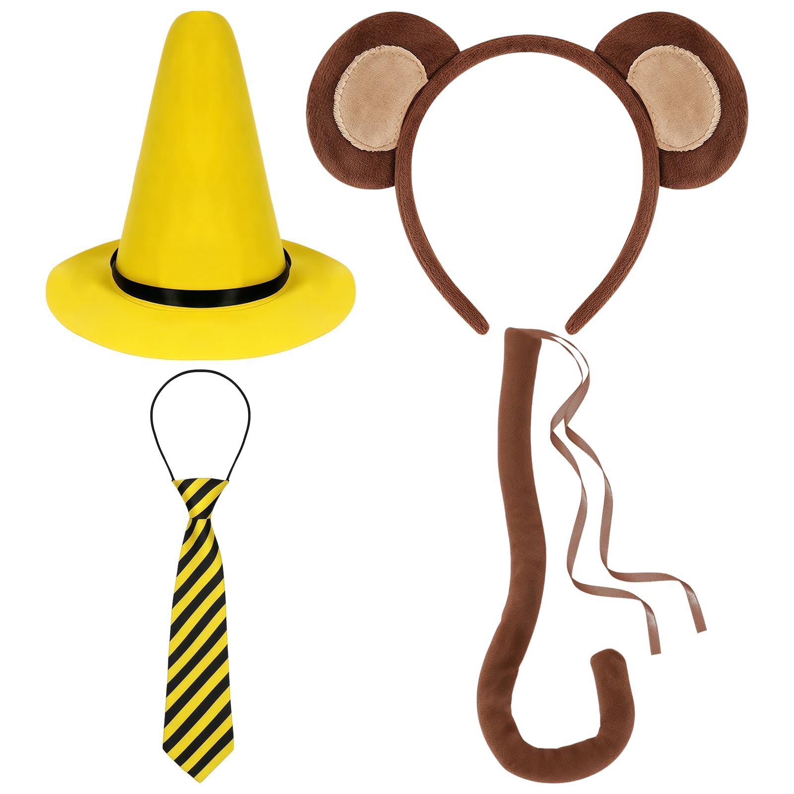 BORFUE 4Pcs Halloween Monkey Costume Set Yellow Felt Hat & Monkey Ears Headband & Brown Tail & Black Yellow Tie for Cartoon Character Cosplay Party