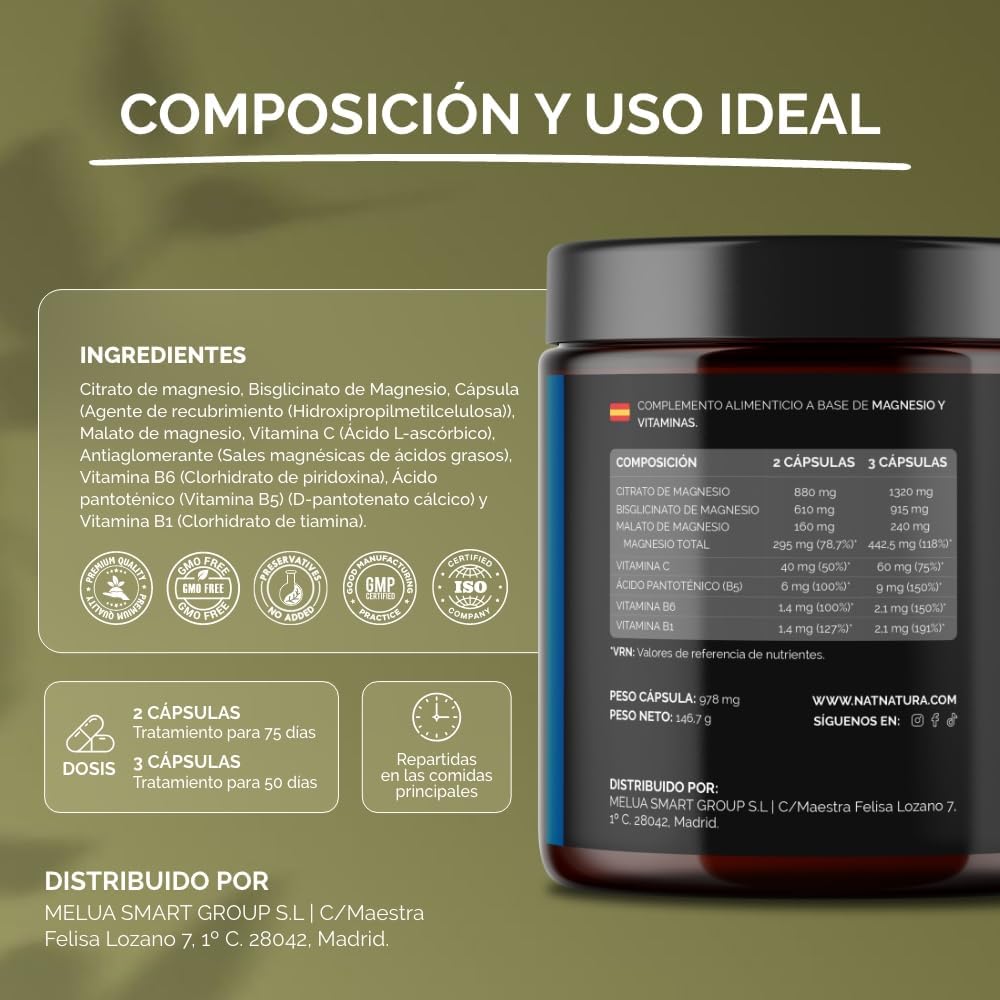 Magnesio Triple – Citrato de magnesio, Bisglicinato y Malato | 442 mg de magnesio elemental por dosis + Vitaminas B1, B5, B6 y C | Antifatiga, Calambres y Recuperación Muscular | 150 cápsulas.