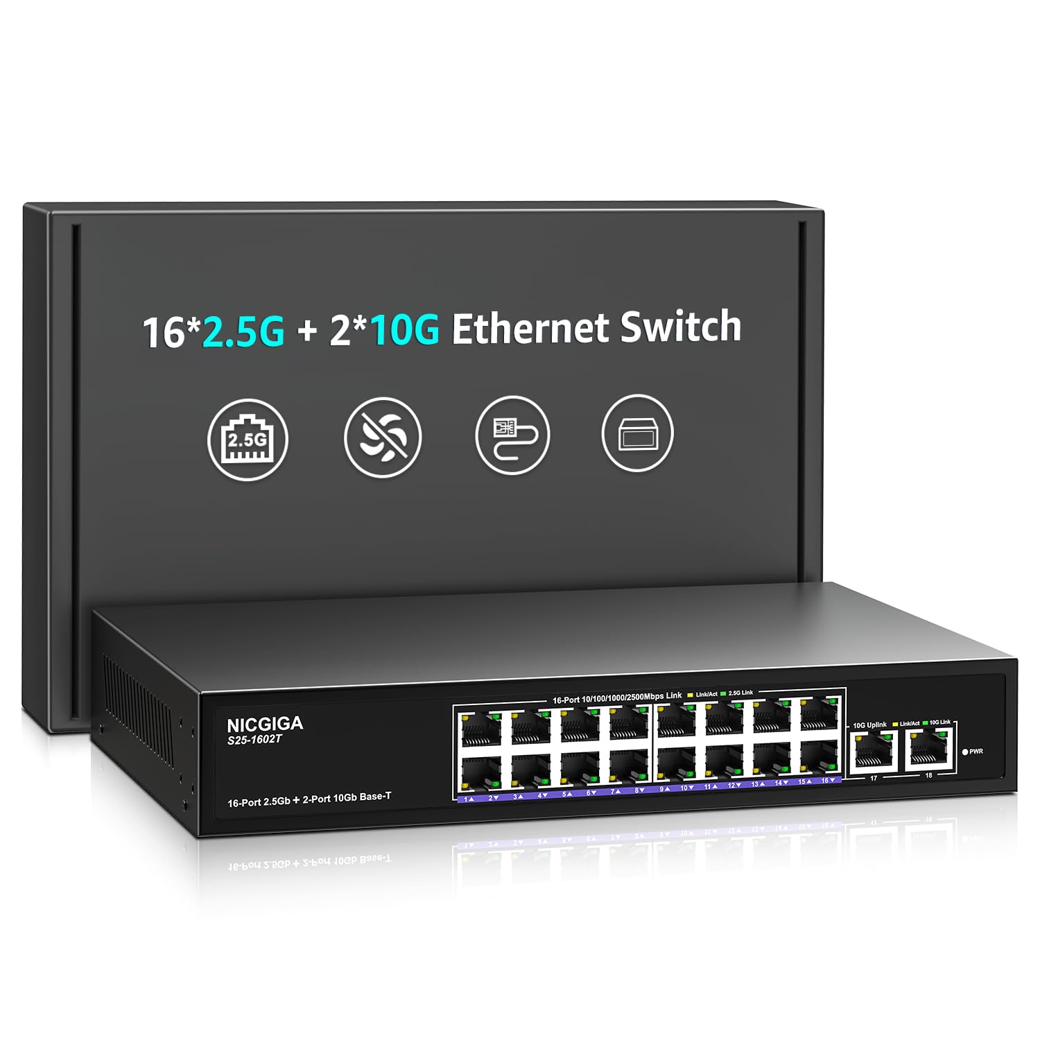 Photo 1 of 10Gbe Ethernet Switch Unmanaged with 2 x 10Gb RJ45 Ports + 16 x 2.5Gb Base-T Ports, Desktop/19-inch Rack Mount, NICGIGA 18 Port 10Gbps Network Switch for Wireless AP, NAS, PC