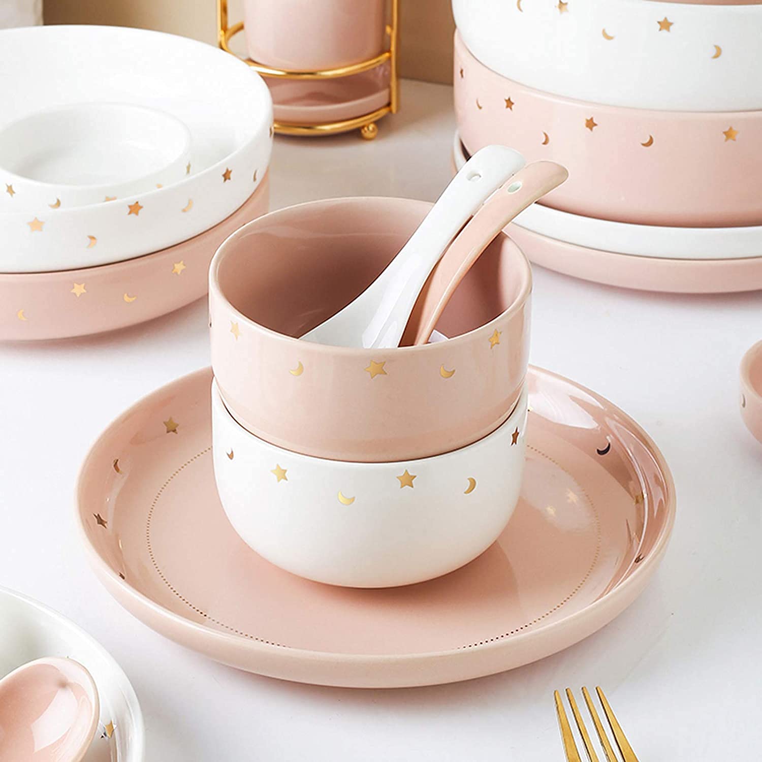 Zestaw obiadowy, zestawy obiadowe z ceramiki, 42 elementy, prosta miska na płatki zbożowe Phnom Penh i zestaw talerzy na steki - zestaw porcelanowych naczyń obiadowych na prezenty ślubne, przybory ku