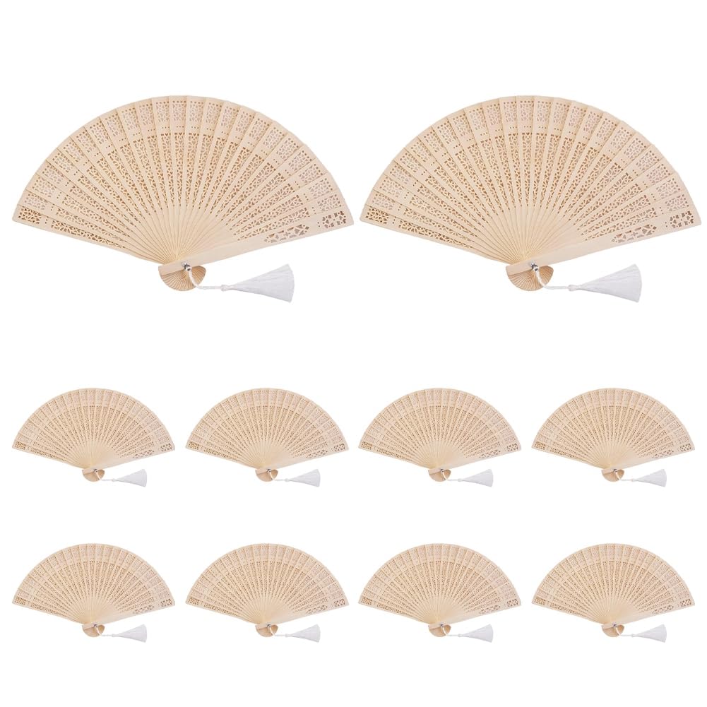 Aundhegrtt For Weddings Parties 10PCS Fans for Wedding Guests Folding Wooden Fans Bulk Handheld with Tassel and Yarn Bag Gift