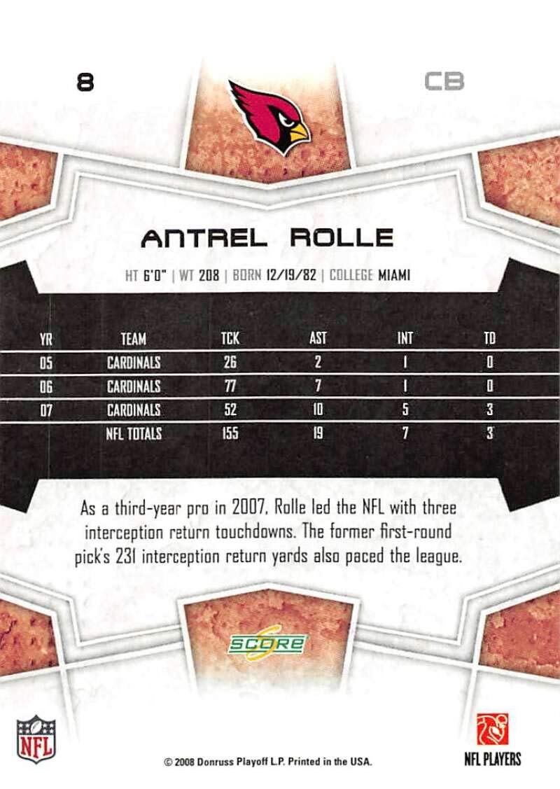 Amazon.com: 2008 Score Football #8 Antrel Rolle Arizona Cardinals