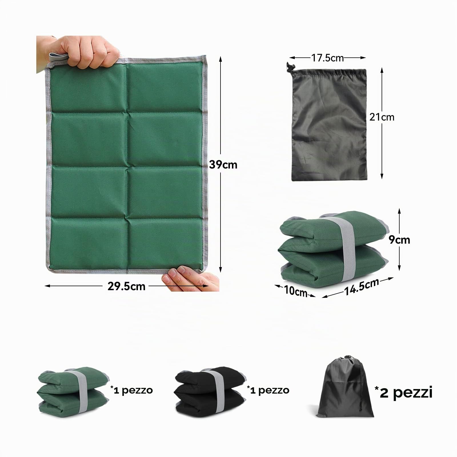 2 Pezzi Tappetino Pieghevole, Cuscino Stadio Gomma Piuma con 2 Borsa Portaoggetti, per Picnic, Escursioni, Campeggio (Nero e Verde)