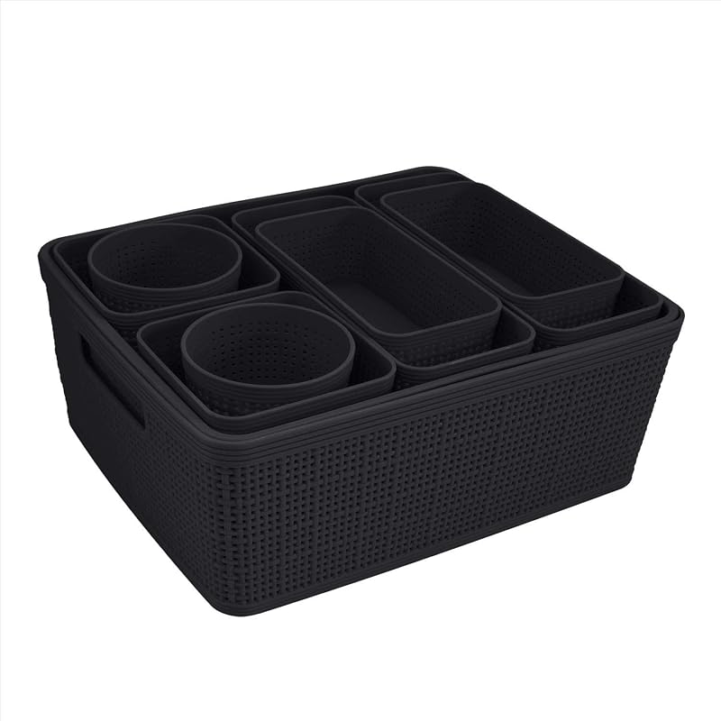 Juego de organización de 10 piezas | Cajas de tamaño múltiple | Multiusos | Oficina | Escritorio | Dormitorio | Baño | Cesta de almacenamiento | Artículos pequeños | Accesorios | Negro