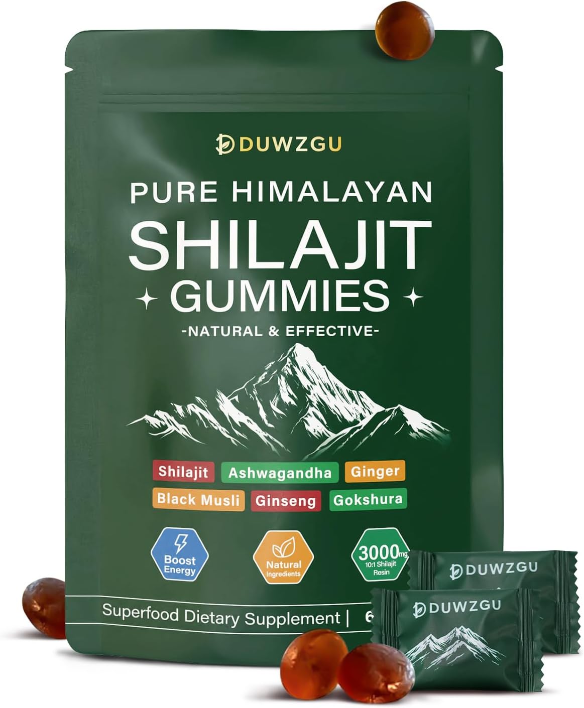Himalayan Shilajit Gold Gummies for Men & Women,100% Natural Organic Shilajit Resin 3000mg Ashwagandha,Gokshura,Black Musli,Ginger -Immune Boost Energy,Vitality Supplement,Non-GMO,60 Gummies